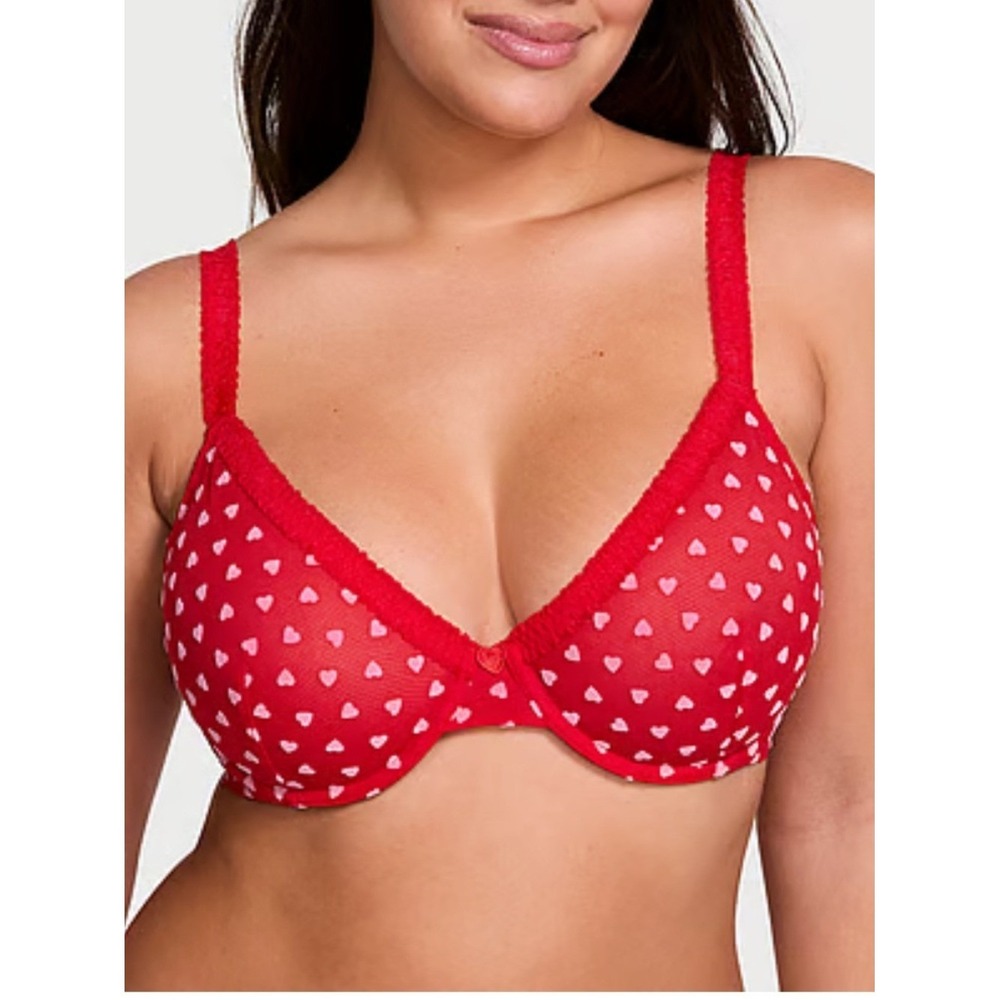 Victoria's Secret Red Hearts Flocked Unlined Convertible Demi Bra Size 38DDD